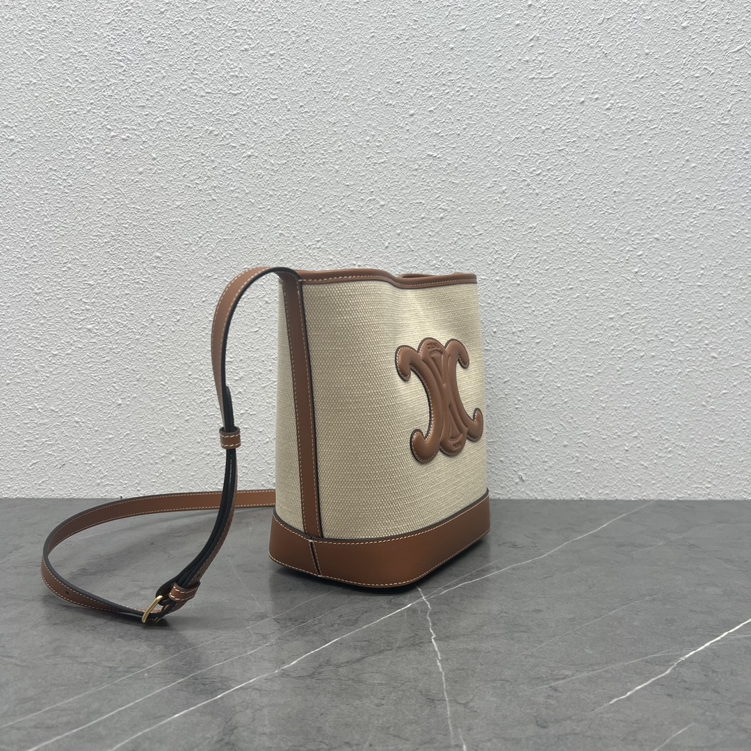 Celine Small Bucket Cuir Triomphe Shoulder Bag In Textile And Calfskin Beige/Tan 198243